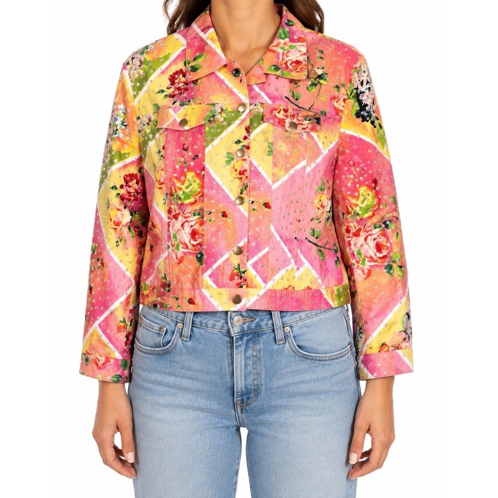 Redd Jeans Womens Floral Sequin Jacket Pink Patchwork Print Cotton Size 14